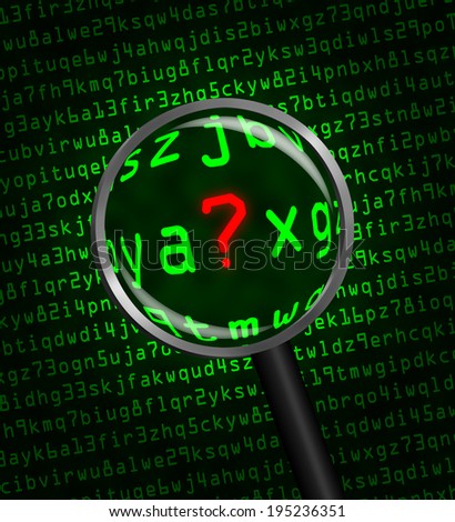 Question Mark ? in red revealed in green computer machine code through a magnifying glass