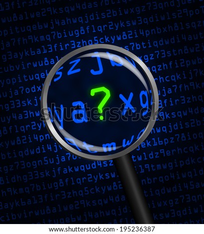 A question mark ? in green revealed in blue computer machine code through a magnifying glass.