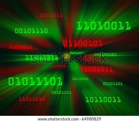 Red and green bytes of binary code flying through a vortex. Horizontal