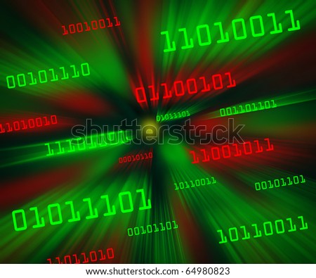 Tilted red and green bytes of binary code flying through a vortex.