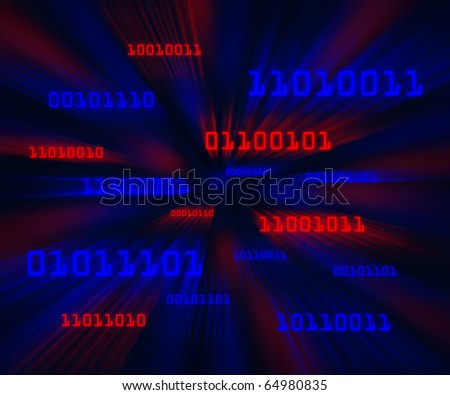 Red and blue bytes of binary code flying through a vortex. Horizontal
