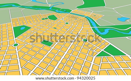 Map or plan of generic urban city showing streets and parks in perspective angle