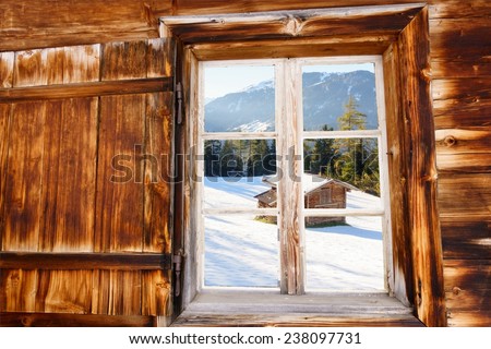 Ski cottage in the woods window