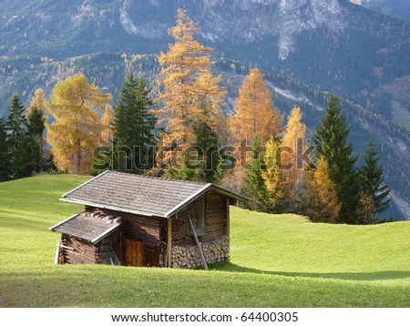 Wooden hut on the autumn forest clearing
