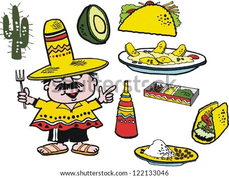 Vector cartoon of smiling man with Mexican food dishes.
