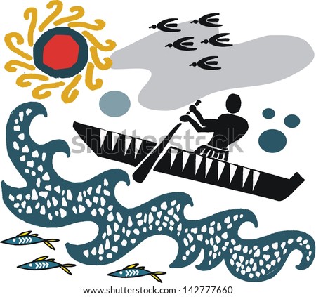Vector cartoon of native paddling canoe in rough sea
