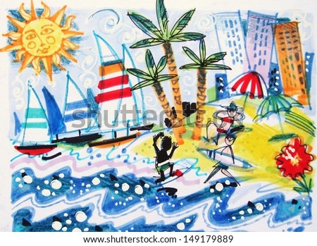 Abstract illustration of surfers and yachts in bay with palm trees.
