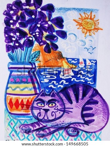 Illustration of striped cat with vase of flowers in front of beach resort scene.