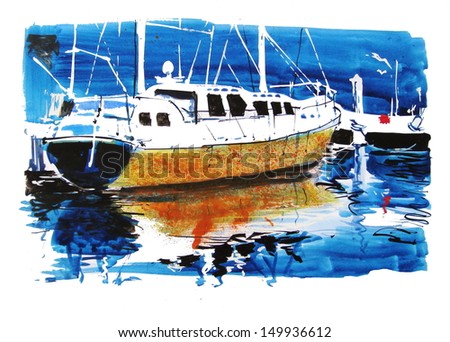 Illustration of moored yacht at marina with reflections