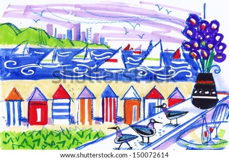 Illustration of yachts and beach scene with birds on balcony of hotel.