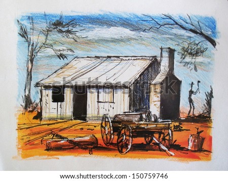 Illustration of old shack in Australian outback with man chopping wood.