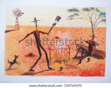 Illustration of farm workers making billy tea around camp fire in Australian outback.