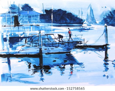 Illustration of boats anchored in marina at twilight.