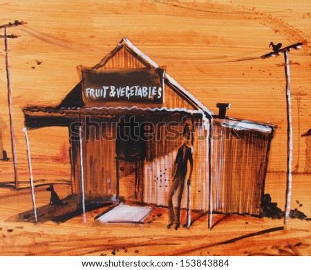Painting of old fruit and vegetable shop, outback Australia.