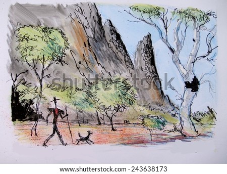 Illustration of swag man with dog in Windjana Gorge National Park, Western Australia