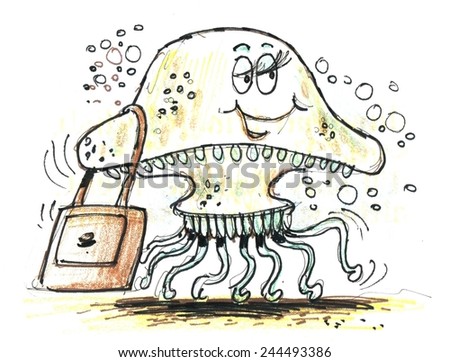 Illustration of happy cartoon jellyfish shopping with hand bag