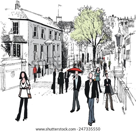 Vector illustration of pedestrians and old buildings, Windsor England