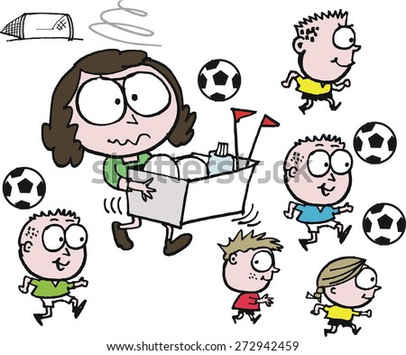 Vector cartoon of mother struggling with box of sports gear as her children practice soccer