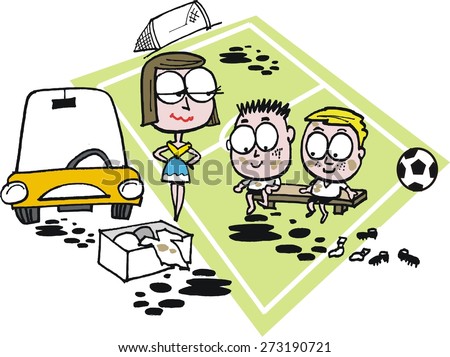 Vector cartoon of soccer mom watching her muddy children after game of soccer.  She is standing by her car to pick them up after sports practice.