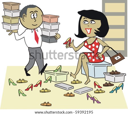 Vector Cartoon Of Woman Shopping For Shoes In Department Store