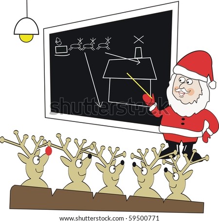 Vector cartoon of Santa Claus teaching reindeer in classroom.