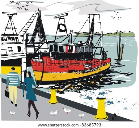 Vector illustration of fishing boat moored by wharf with people 