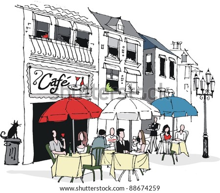 Vector illustration of people dining at French cafe.