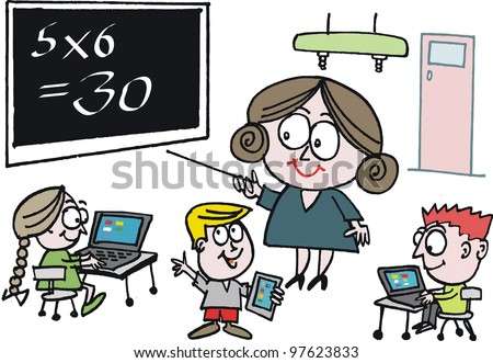 Vector cartoon of school teacher instructing pupils in classroom