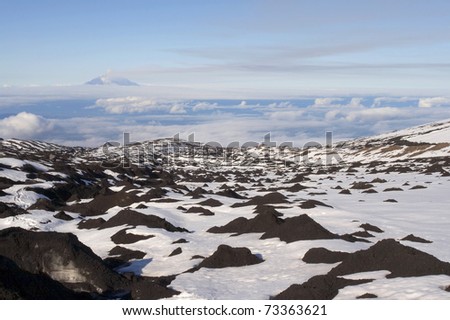 Ice field near Kluchevskoy volcano in the Kamchatka.  Russia