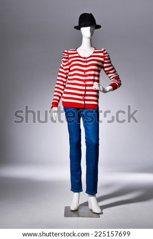 full-length female striped shirt clothing in hat on mannequin-gray background