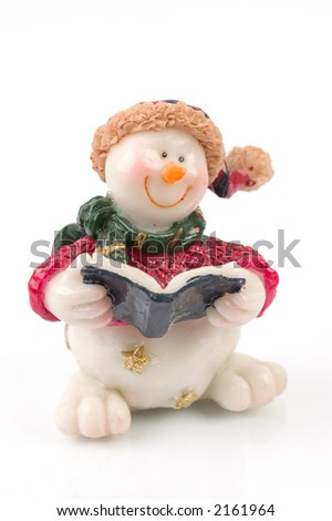 miniature Snowman statues in different poses against white background with clipping paths