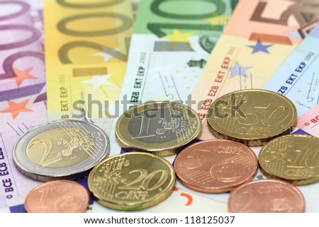 Euro notes and coins. One cent  to five hundred