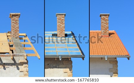 Three phases of a roof construction. Carpentry work, thermal insulation and tiling