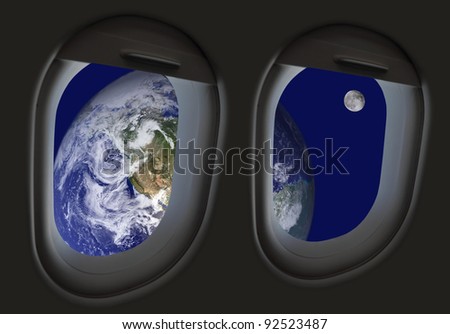 Space travel. Earth and moon view from a space airliner window , somewhere in the near future.