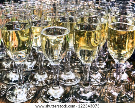 Row of glasses filled with champagne lined up ready to be served