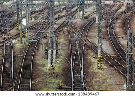 Railroad tracks line crossing. Top view