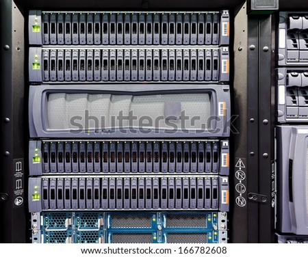 Rows of hard drives installed in the cabinet for storage in the center of the network server