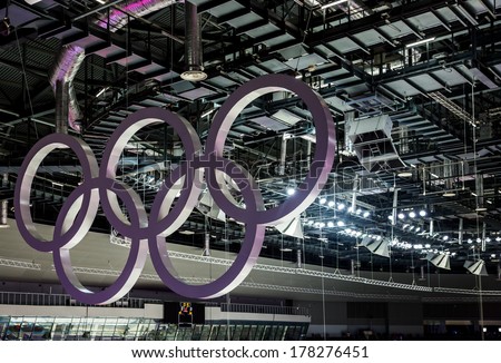 SOCHI, RUSSIA - FEBRUARY 16: Olympic rings hanging in the ceiling in the Large Ice Palace in the Olympic Park of Winter Olympic Games Sochi 2014 on February 16, 2014 in Sochi, Russia