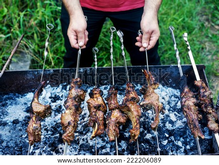 Man prepares a tasty shish kebab on a brazier on fire