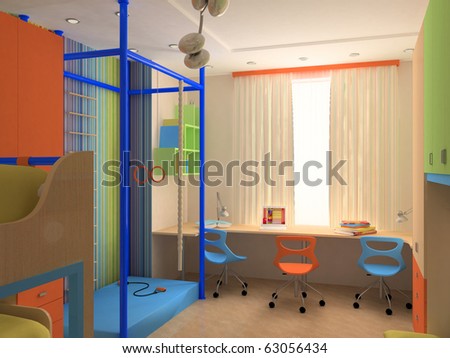 Child`s bedroom interior with colorful furniture, gym and Desk with laptop
