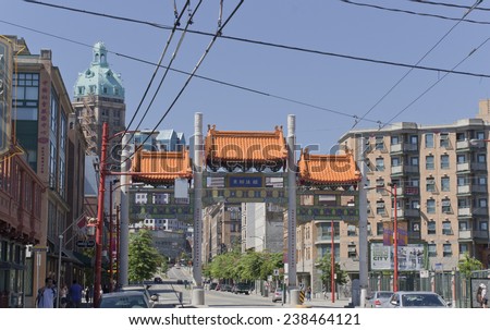 VANCOUVER, CANADA - AUGUST 6, 2005: Vancouver Chinatown Millenium Gate on East Pender Street in Vancouver, Canada. The Gate was donated by the Government of China following the Expo1986.
