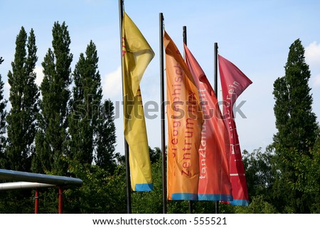 Fly the Flags! - FOR REVIEWER: There are no trademarks but signposts on the flags. Text in English on the flag: performing, choreographic centrum northrhine-westfalia, dance landscape, zollverein.