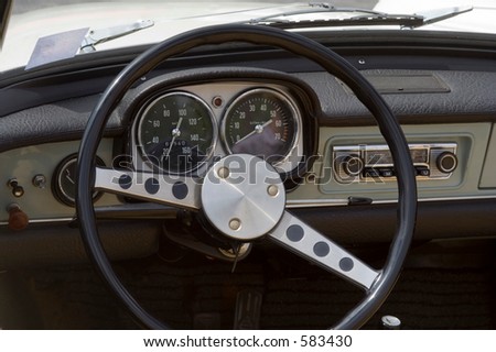 stock photo Vintage Opel German Car Dashboard and Wheel Closeup