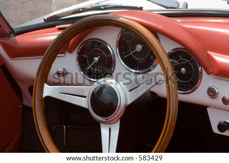 stock photo Vintage Porsche German Car Dashboard and Wheel Closeup