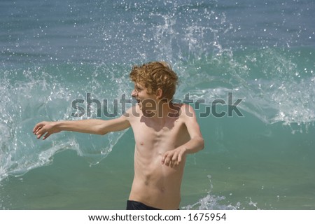 teen having fun with high waves - atlantic ocean, cote d\'argent, france