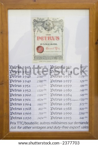 famous and expensive wine from the chateau petrus - mature bottles are very expensive - price tags found in saint-emilion, france, europe