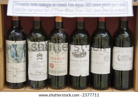 stock photo : six famous wines for sale - saint-emilion, france
