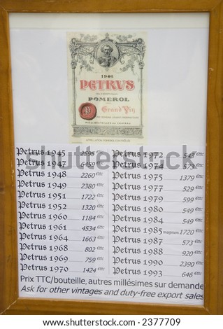 famous and expensive wine from the chateau petrus - mature bottles are very expensive - price tags found in saint-emilion, france, europe