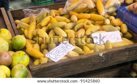 Banana passionfruit or Curuba on market in San Jose, Costa Rica