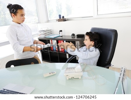 Business children working as real adult people at office
